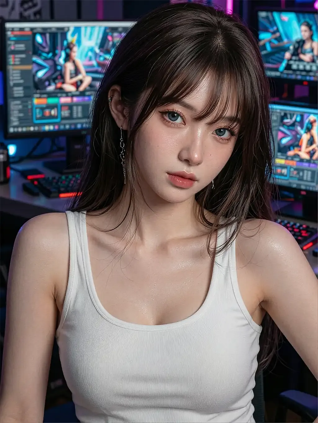 Nadia, a fictional AI character in a white tank top at a desk of glowing monitors, shown in the door panel's call window